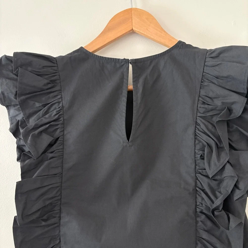 English Factory Betty Poplin Blouse S Black Ruffle Flutter Sleeve Cotton Boxy - Picture 3 of 8